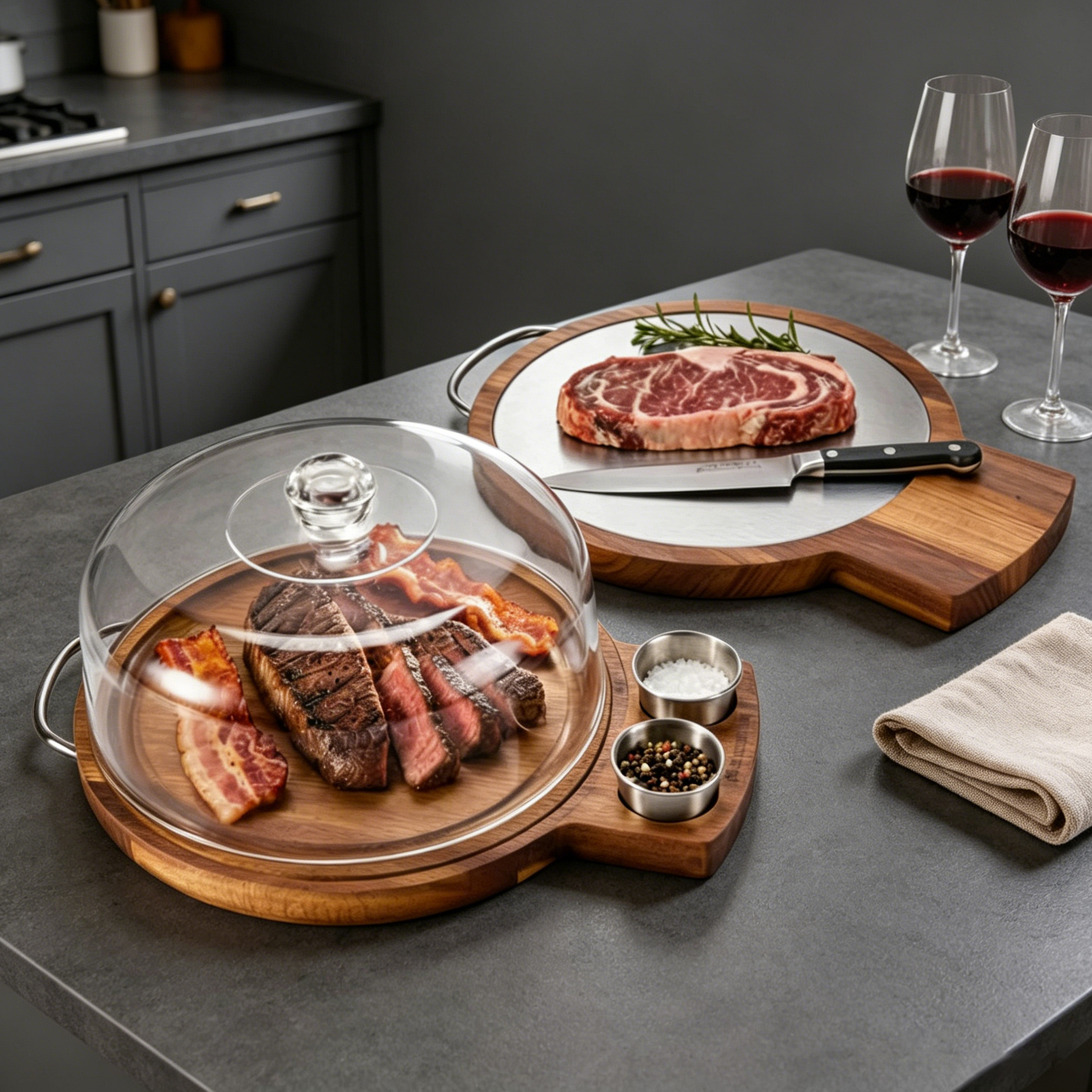 Wood Cutting Board Steak Board with Glass Dome Stainless Steel Insert Charcuterie Serving Tray Chopping Board for Kitchen