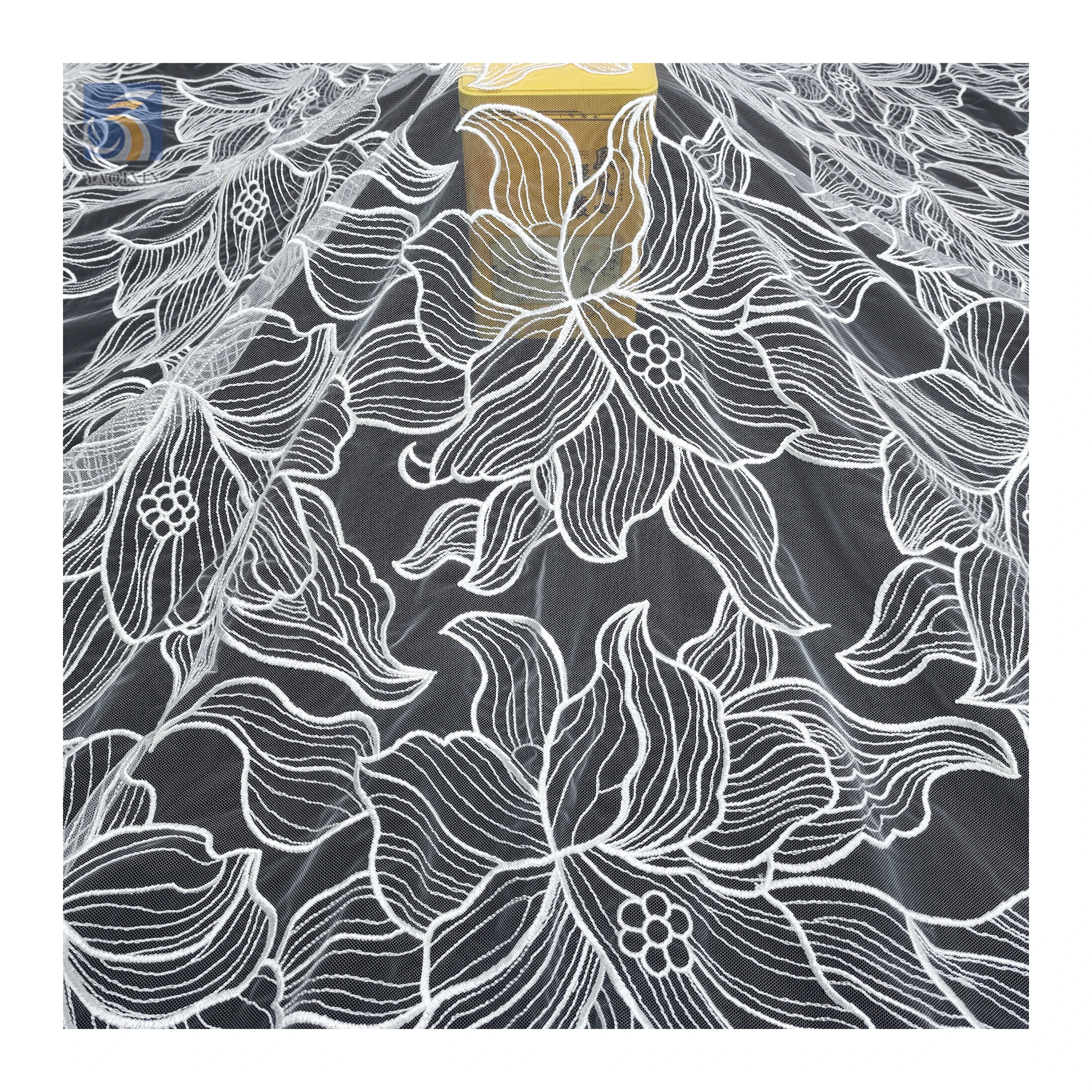 YX2736 Full Custom Lotus Pattern Design 2025 Pure White 100 Polyester Milk Silk Embroidery Mesh Tulle Fabric