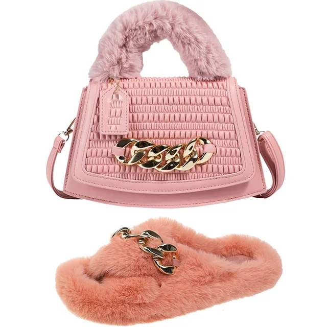 Autumn Women's Slippers Furry Slides and Money Bag Set Handbag Shoe Bag Set Chain Women's Shoes Fashion Soft Wallet Comfortable