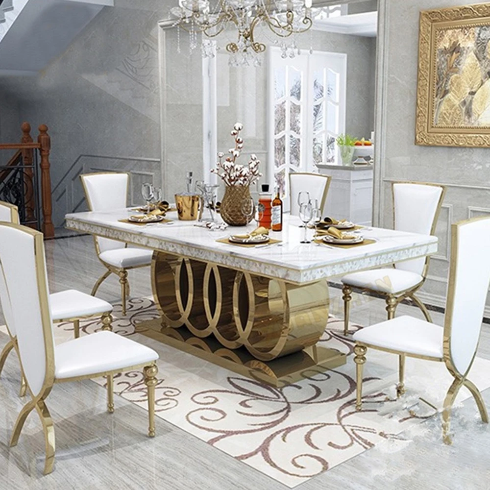 Modern Luxury Marble Dinning Table Set Dinning Room Furniture White Marble  Dinning Tables With Leather Chairs