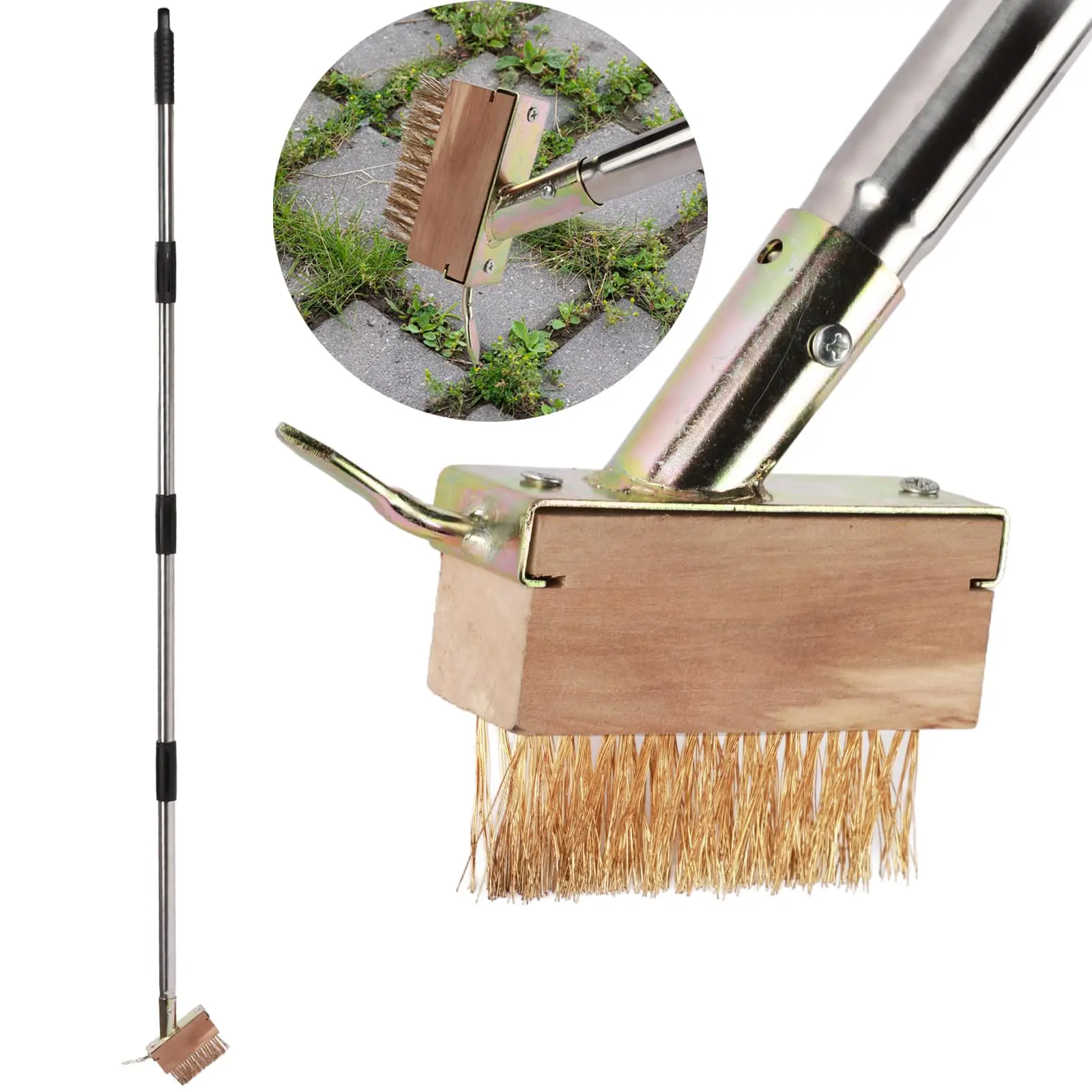 Manual Crevice Weeding Brush Long Handle Crack Weeder Weed Moss Remover Tools for Cleaning Block Paving Grout Deck Paver Patio