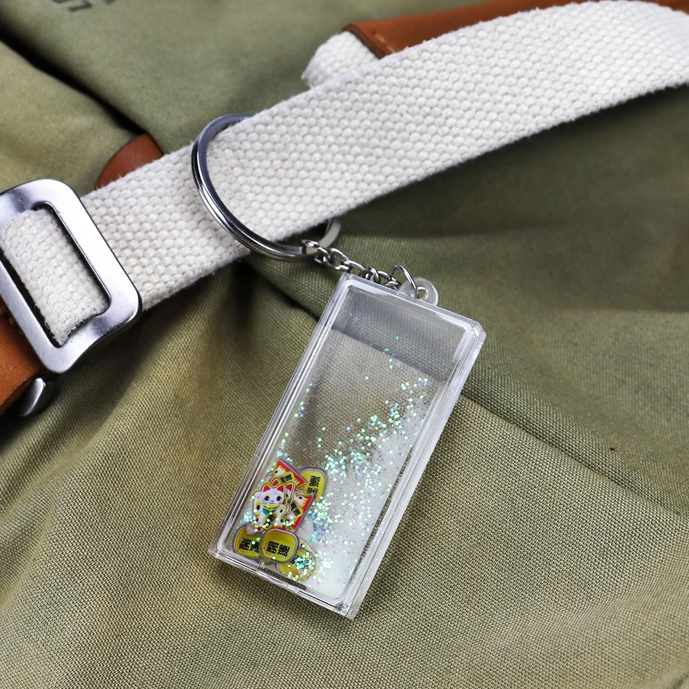 Custom Rectangle Empty DIY Acrylic Quicksand Floating Liquid Filled Oil Flower Water Sea Sand Glitter Snow Powder Name Keychain