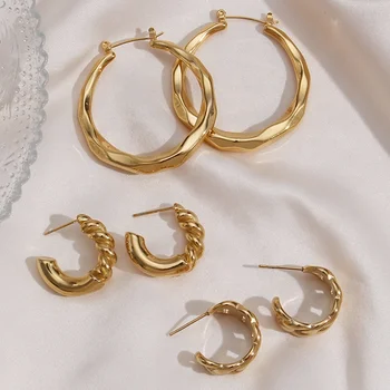 2021 New Designs Stainless Steel 18K Gold Link Chain Braided Geometric Shape Hoop Earrings For Women