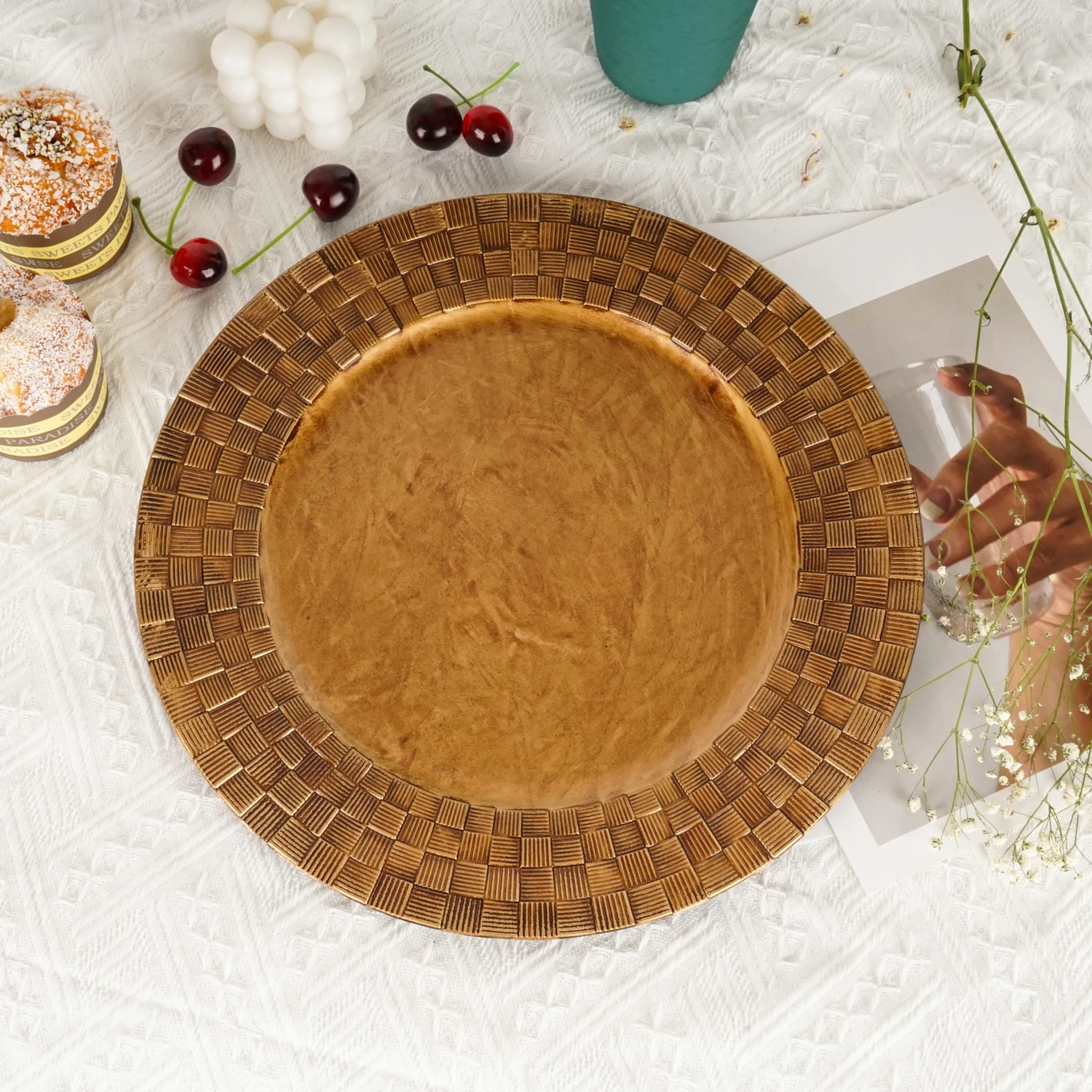 13inch Brown Mosaic Grid Rim Charger Plate Wedding Round Decorative