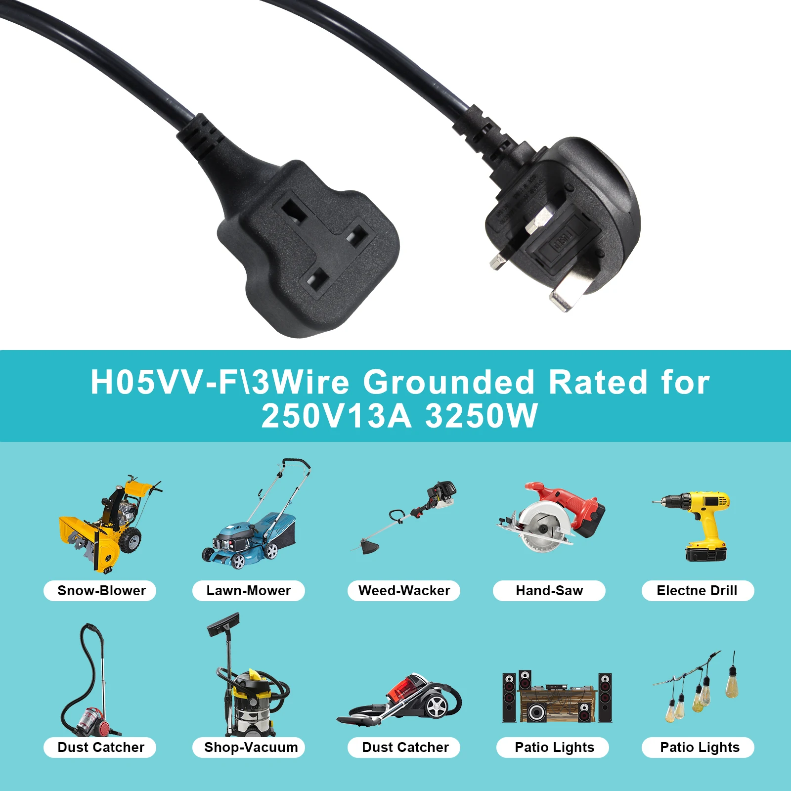 15a Black Type Electric Plug Cable 220v 12v Adapter Cctv Insulated Copper Cord Uk Ac Power Socket With Fuse 20