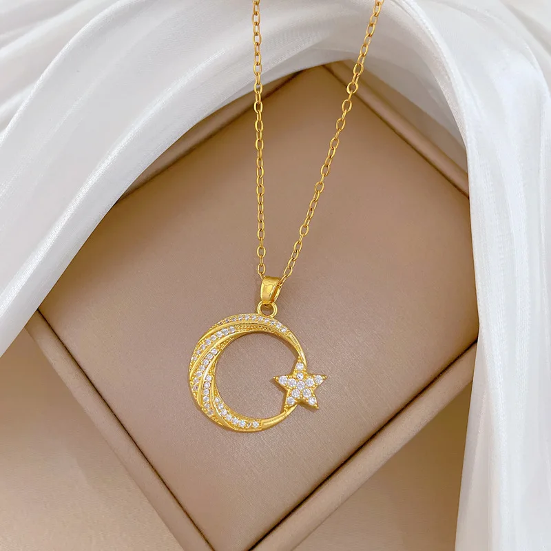 18K Gold Star Moon Pendant Necklace with Zirconia