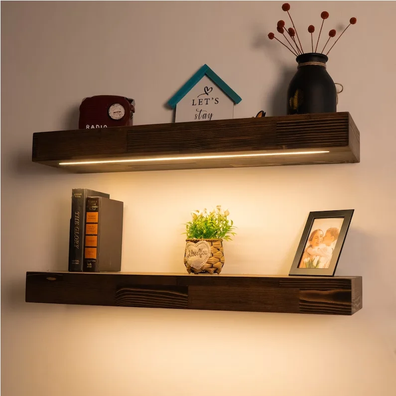 Modern Home Decor Floating Shelf Creative Liquor Shelf Wooden Thick Wall Shelf with LED Light Strip