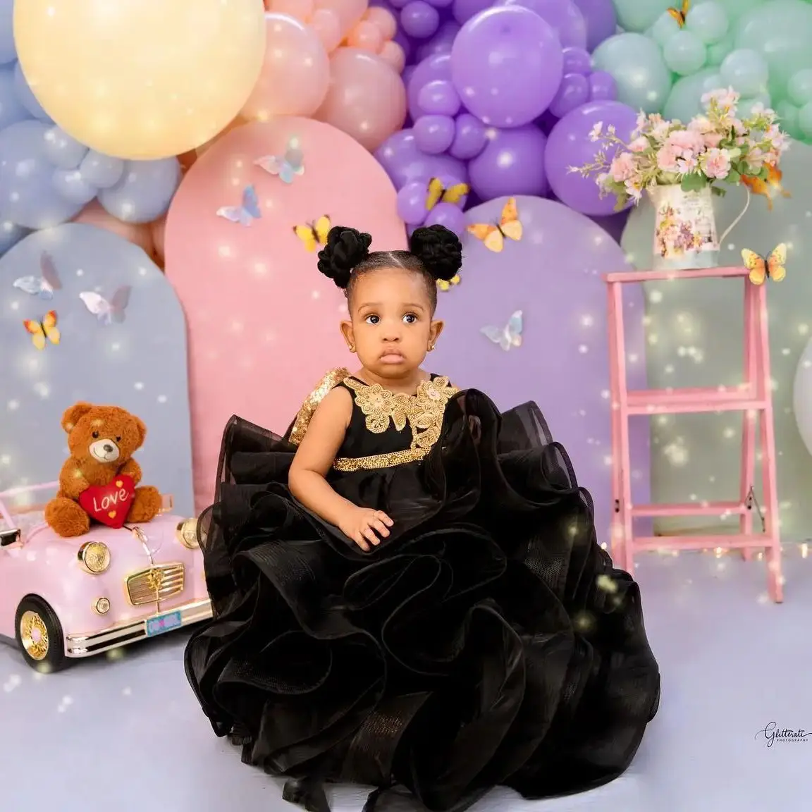 different gold bridesmaid dresses Black Girl Princess Dress Knee Length for 1st Birthday J407 – DreamyVow main image 0