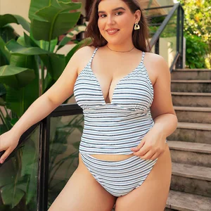 Hot Plus Size Women's One Piece Swimsuit Automated Cutting Removable Padded Bathing Suit Striped OEM Service