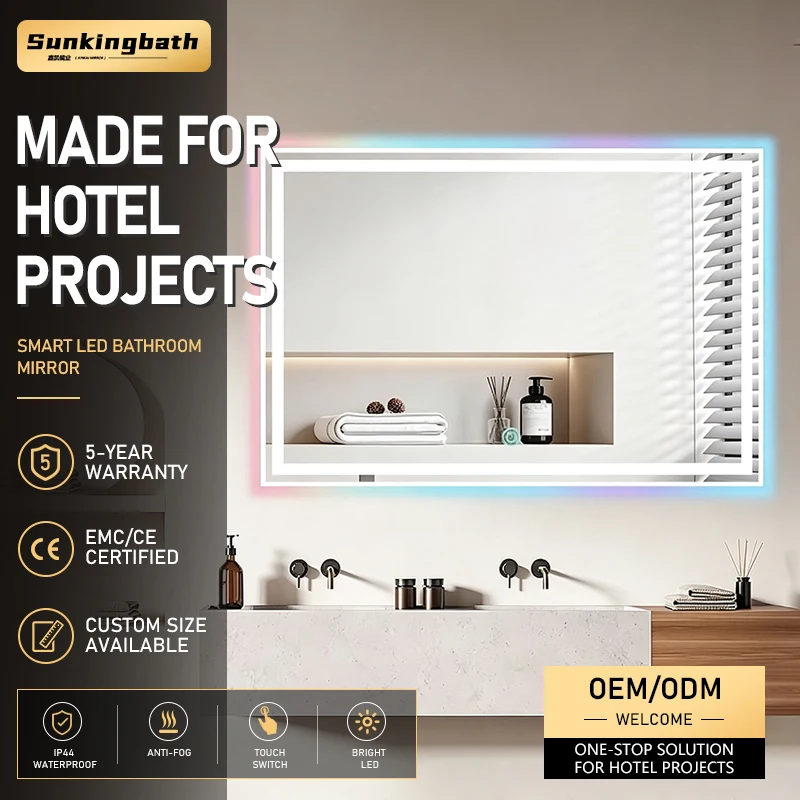 Hotel Bathroom Mirror 6 Color RGB Light Strip Smart Mirror Touch Sensor Dimmable Anti-Fog Led Mirror with Light