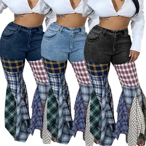 Viviblook Z1108PT02 Women's Denim Plus Size Pants Casual Fashion Plaid Print Baggy Pants Patchwork Low Waist Flares Pants