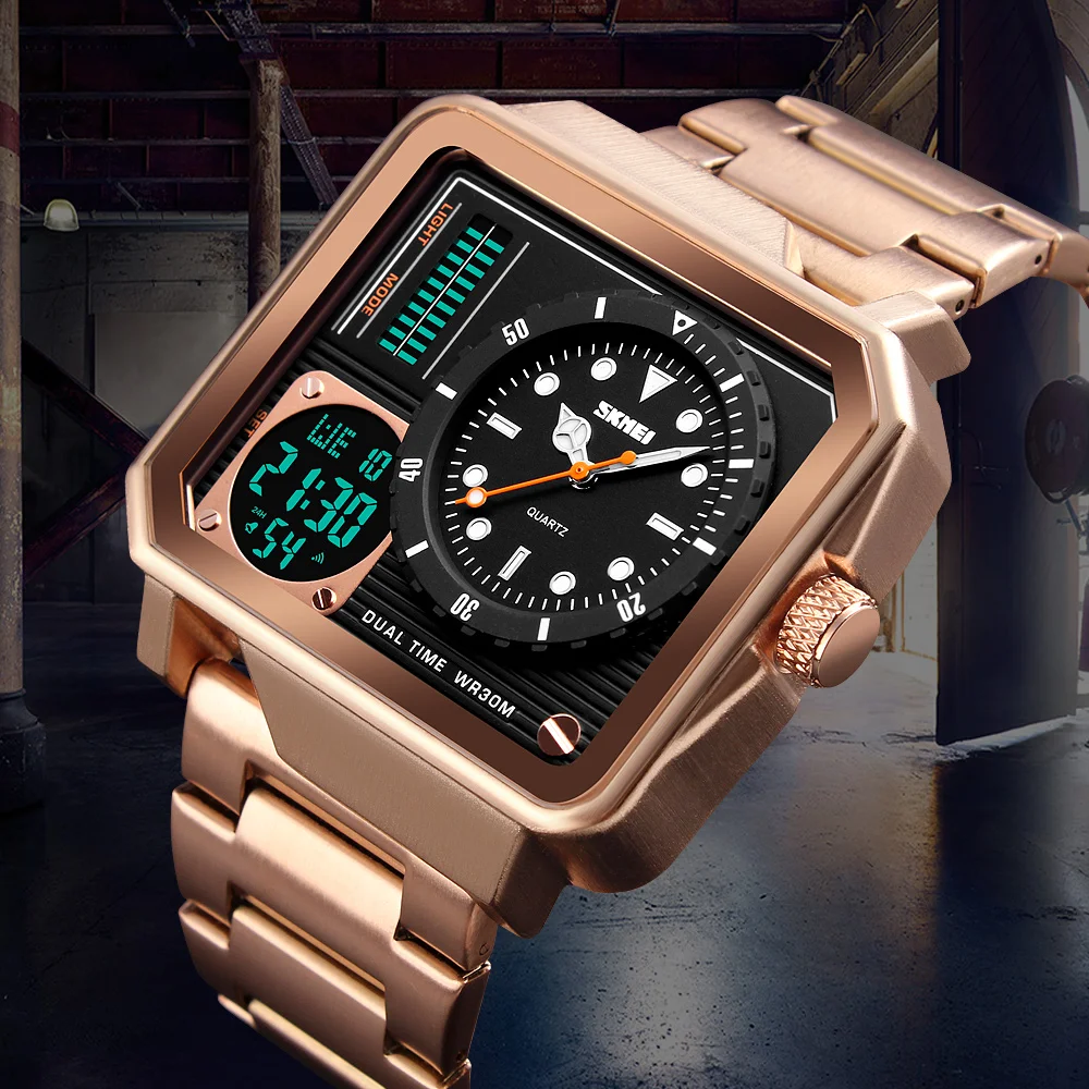 Multifunctional Rectangle case Big Dial Shockproof Wrist Watch for Men Sports Waterproof Digital Watch Skmei 1392