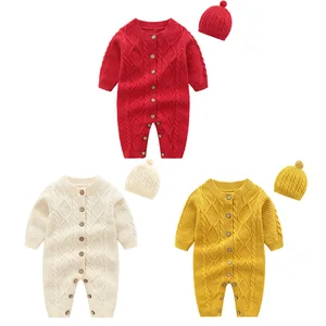 Baby Romper Newborn Clothes Cotton Two-piece Winter Knitted Long Sleeve Baby Romper With Hat Set
