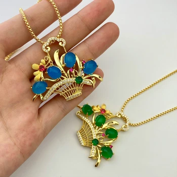 Delicate Chinese Style Zircon Pave Flower Basket Shape Blue Green Jade Gemstone Necklace Pendants Jewelry Gift