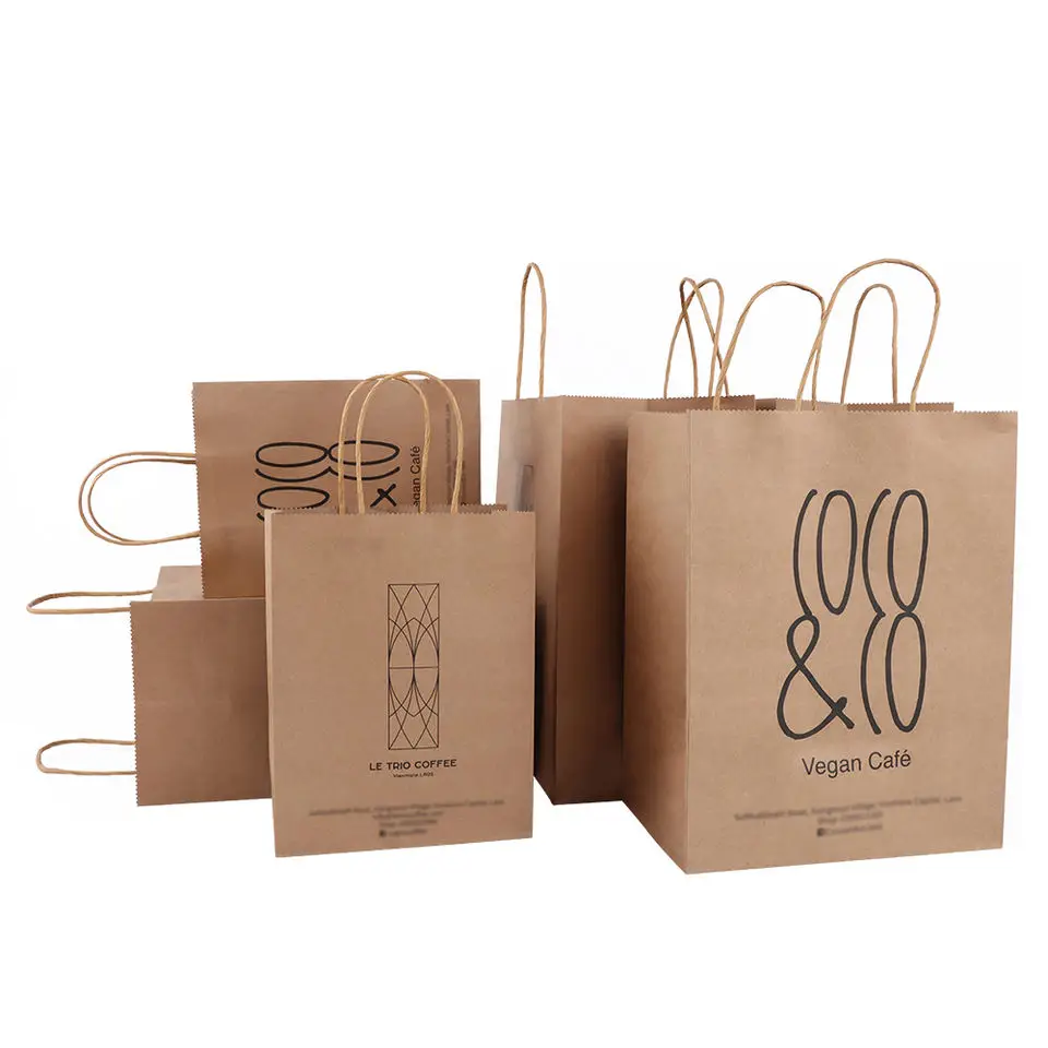 Restaurant Cafe Custom Logo Printed Food Takeaway Grocery Shopping Take Out Packaging Brown Recycled Kraft Paper Bag With Handle