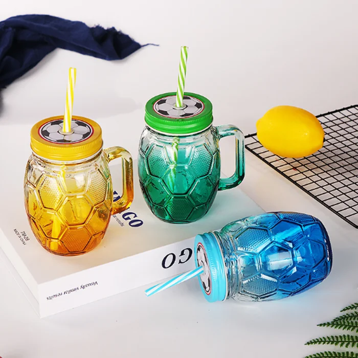 500ml Gradient Color Football Shape Water Mason Glass Jar With Handle