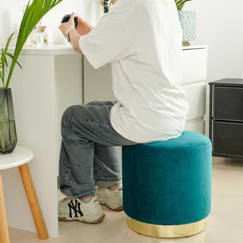 Cheap Side Pouf Stools Living Room Green Velvet Round Pouf Foot Stool Modern Ottomans Stool
