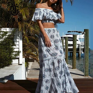 JSN New One-shoulder Bow Swimsuit Evil Eyes Women Beach Vacation Suit Skirt Swimswaer High Waist Bikini Beachwear Cover up