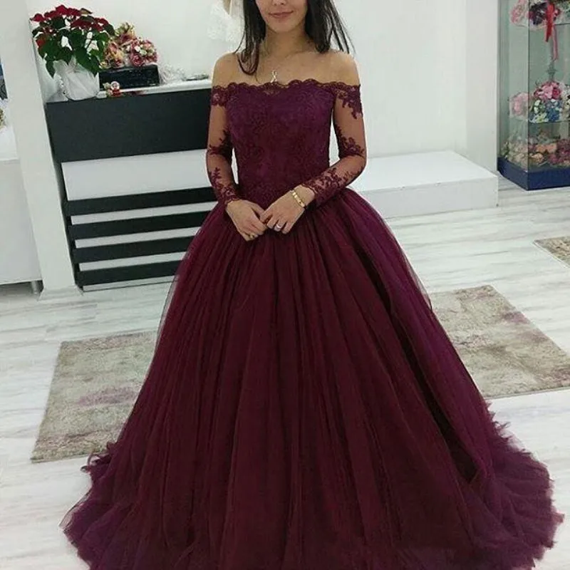 Ev023 Burgundy Ball Gown Lace Evening ...