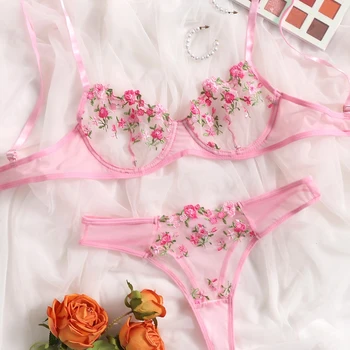 Women France Elegance Floral Sexy Vintage Lingerie Pink Romantic Honeymoon Cheap Ladies Brassiere Bralette Lingerie Set