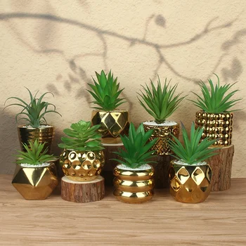 ceramic real touch feeling gold color decoration mini potted succulent artificial plant greenery  Bonsai  Decor Craft Flower Pot