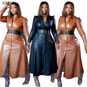 Fashionable Solid Color Button Long Sleeve Sexy Clothing 2021 Women Long Winter Coats Leather Coats For Ladies