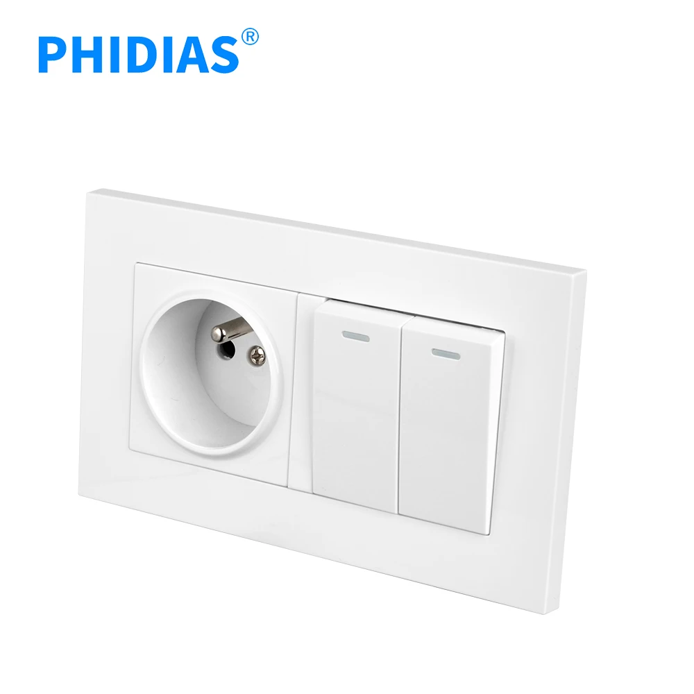 PHIDIAS EU Standard PC Material 2 Gang Push Button Light Control Wall Switch with Neon 16A Electric Power French Wall Socket