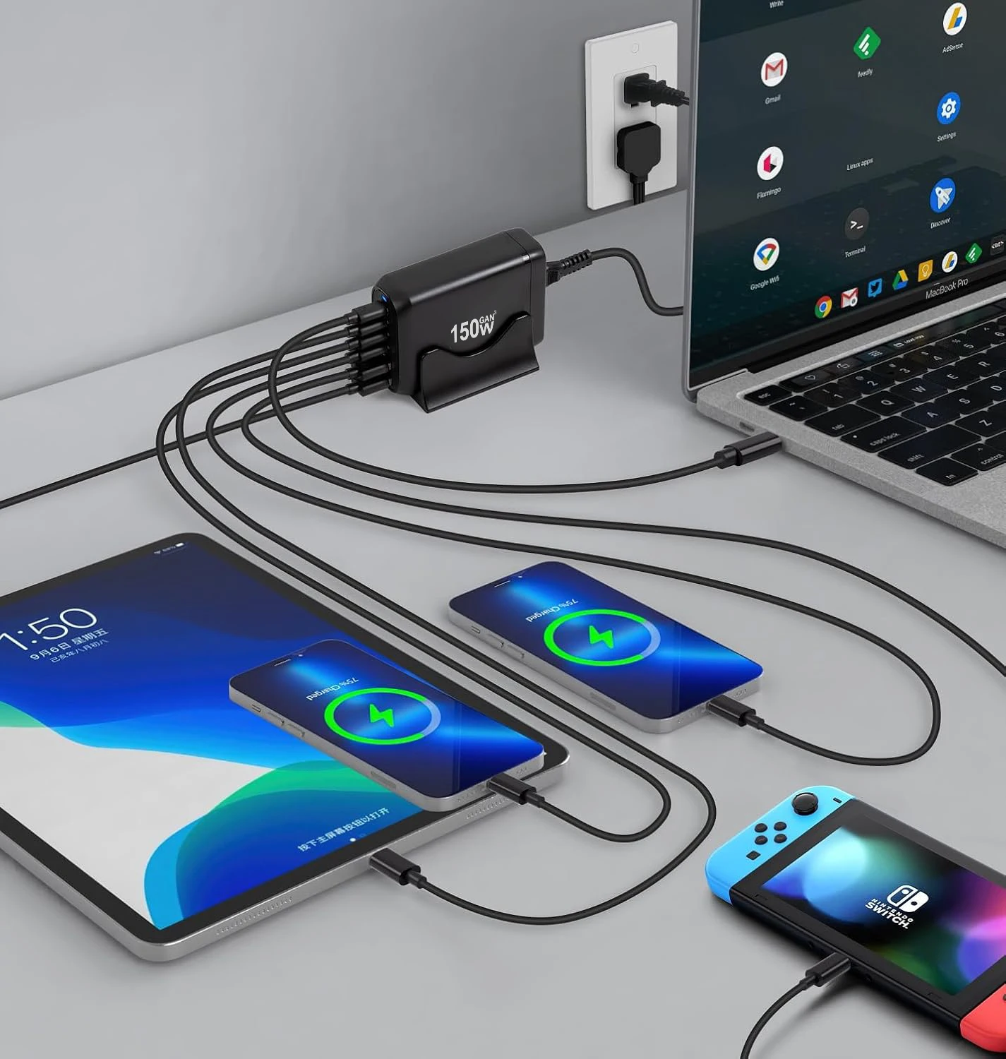 150W GaN 3 C型和3USB-A PD快速充电器适配器,适用于iPhone 15/16/17台式机