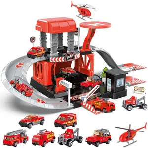 EPT Fire Station Toys Building Block Set Diecast Garage Track Alloy Metal Design Parking Lot Game Plastic Toy