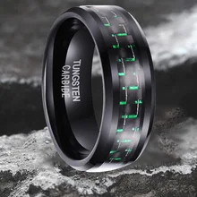 Trendy Men's Black 8mm Tungsten Engagement Wedding Ring with Green Carbon Fiber Inlay Polished Finish Edges Comfort Fit Jewelry