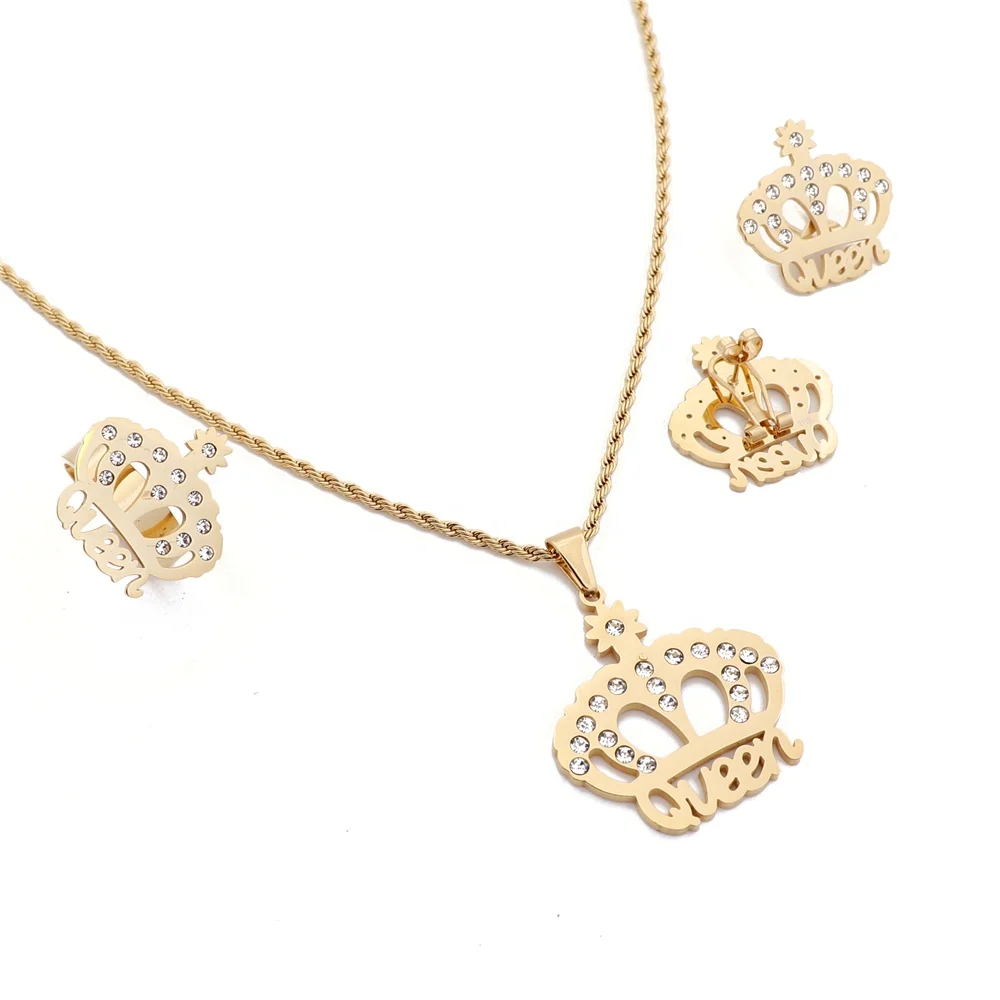 stainless steel women queen diamond sets jewelries 18k african