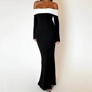 Custom Off Shoulder Long Sleeve Contrast Color Tight Elegant Clothing Women Maxi Casual Dresses