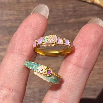 Xiaohongshu 2025 Trendy Retro Chinoiserie Enamel Copper Ring Exquisite Drop Glaze Printed Peach Blossom Pink Popular New Style