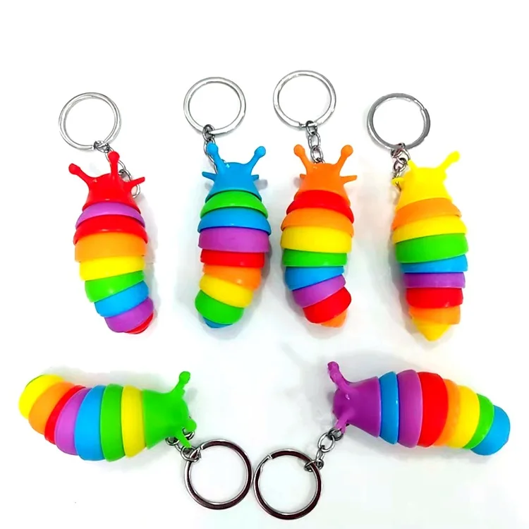 Mini Fidget Slug Keychain Toys 3D Articulated Stretch Caterpillar Sensory Stress Relief Flexible Hand Toy Keyring Bag Pendent
