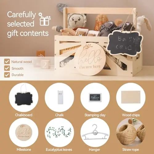 Wooden Baby Shower Gift Crate With Handle & Garland - Storage Basket For Nursery & Gifting