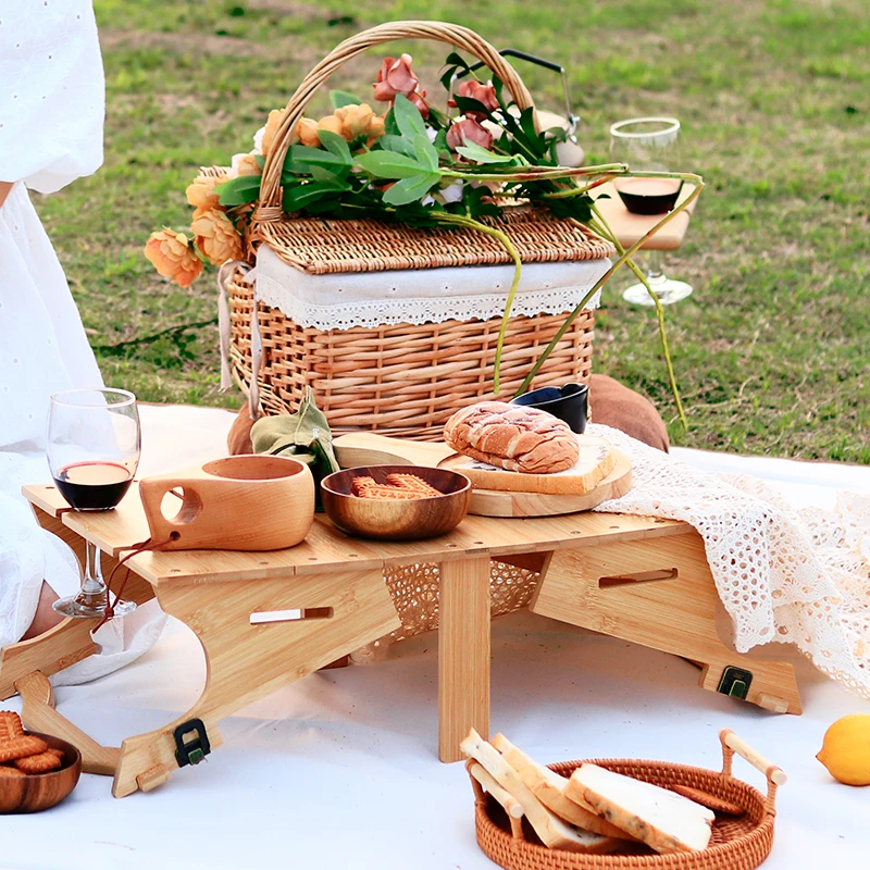 Wholesale Small Foldable Wood Picnic Table With Wine Glass Holder Mini