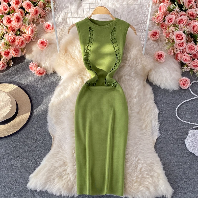New Fashion Bodycon Cutout Green Going Out Knitted Tank Top Dresses ...