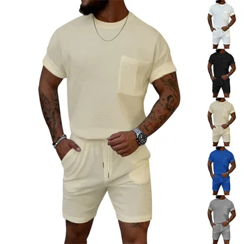Amazon European and American men's sports suit short-sleeved shorts two-piece casual sports round neck jogging suit