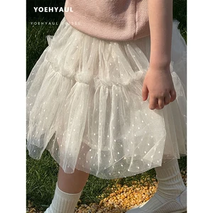 YOEHYAUL 9012 Summer Beige Sweet Kids Tutu Skirts for Girls Kids 2-8T Cotton Lining Dot Toddler Child Tulle Skirt Girl