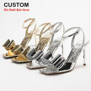 4305-2 Elegant Summer Fashion Square Toe Women's Sandals Silver Bow Decor Sexy Outdoor Thin Sandals