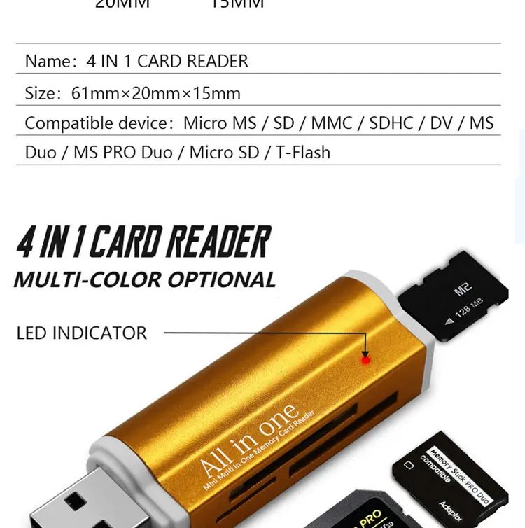USB2.0 4 in 1 Multi Memory Card Reader All in One Card Reader  for Mini SD/MMC/TF Card/MS Lector de tarjetas