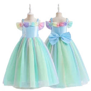 Customizable Summer New Arrival Ruffle Sleeve Rainbow Carton Girls Dress Off-Shoulder Bows Cute Puff Tulle Princess Dress