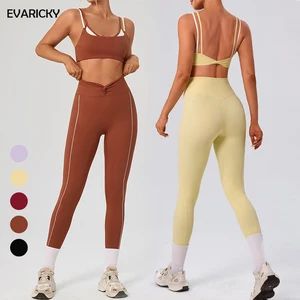 Evaricky Women's High-Waist Butt Lift Breathable Yoga Leggings & Padded Sports Bra Set with Front Logo-Solid Gym Workout Outfit