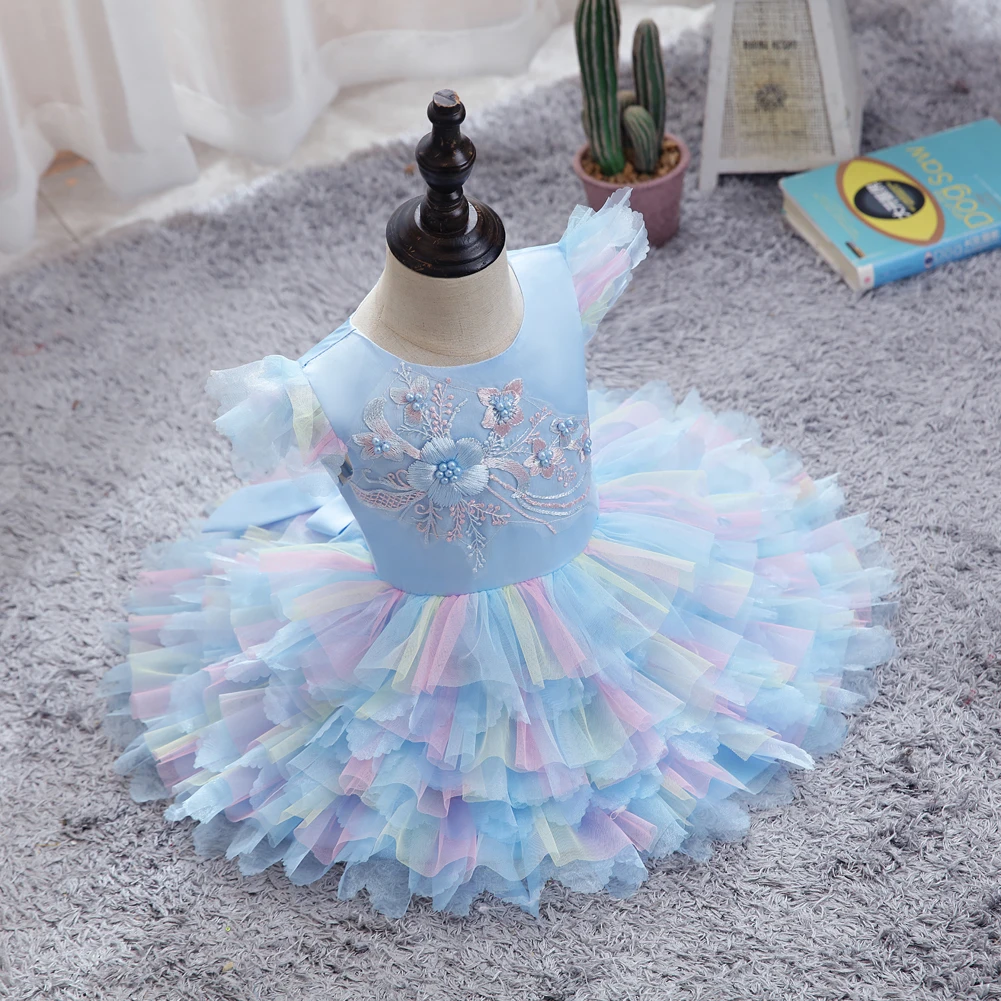 Korean Style Fluffy Lovely Flower Kids Girl Dress Colorful Baby Girl Birthday Dresses for 1 Years Old pink Girls Tutu Dress