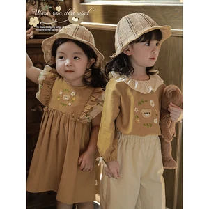 YOEHYAUL C2816 Spring Embroidery Cartoon Baby Girl Dress Set Pants Shirt Yellow Dress for Girl Cotton Toddler Casual Kids 8 Year