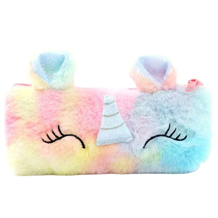 Wholesale Cute Fluffy Unicorn Pencil Bag Makeup Cosmetic Bag Girls Plush Pencil Case
