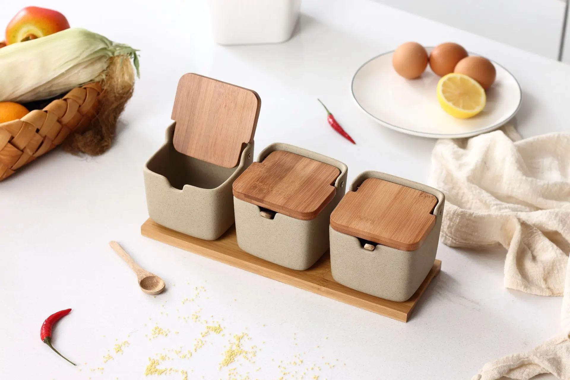 2 Pack Kitchen Condiment Salt Sugar Cumin Dispenser Canister Sets Japanese Style Ceramic Spice