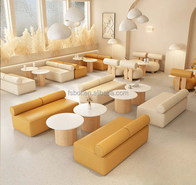 Modern Restaurant Furniture Round Table And Leather Chairs Leisure Wood