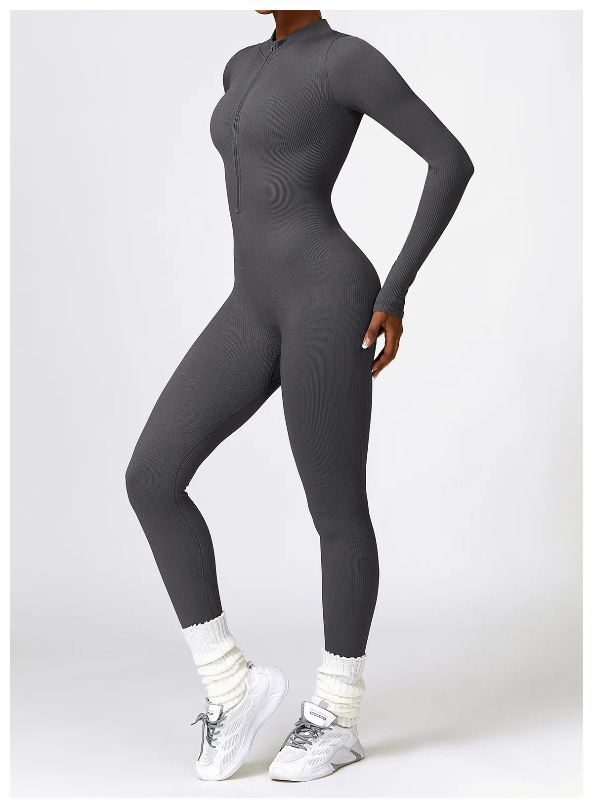 Women's Seamless Ribbed Jumpsuits Workouts Long Sleeve One Piece ...