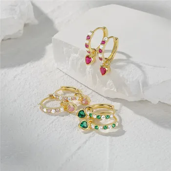 Wholesale sterling silver 925 custom pink green zircon heart love hoop earrings fashion jewelri